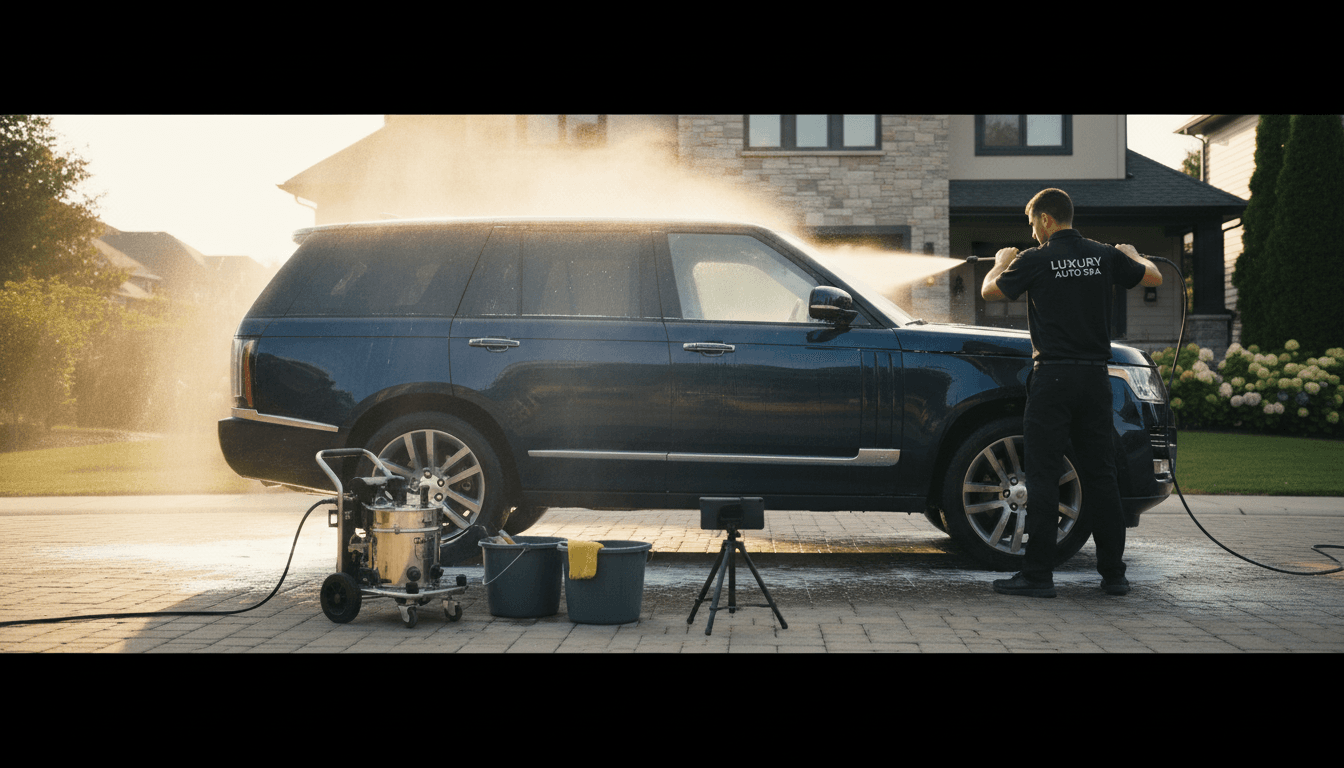 Detailer cleaning car exterior