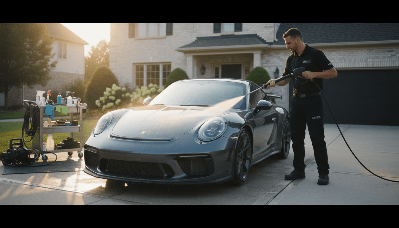 Mobile car detailing technician polishing vehicle exterior