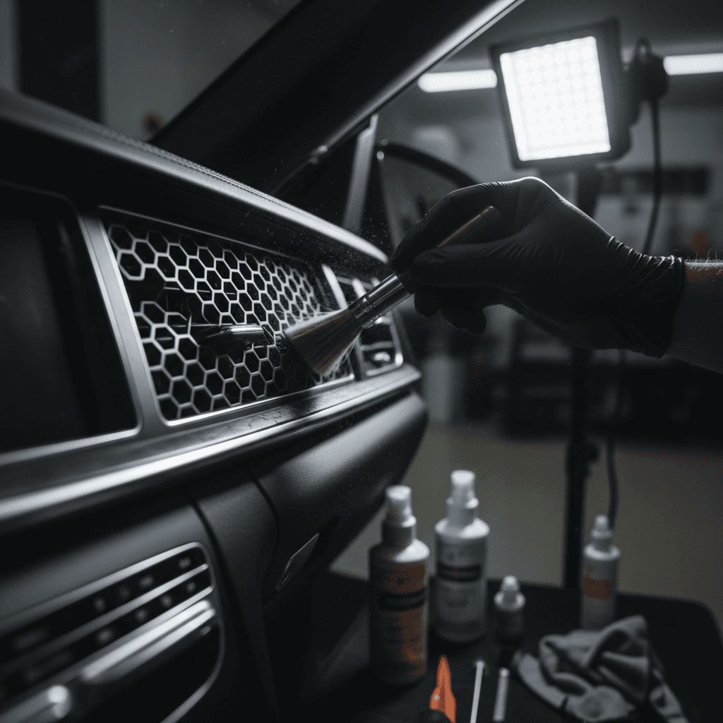 professional detailer performing complete car detail with polishing and interior cleaning